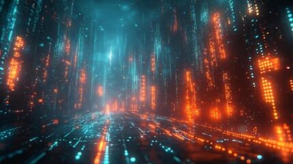 Obraz premium Cybernetic matrix environment with glowing numbers. Generative AI