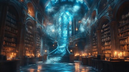 Magical Library with Glowing Staircase and Enchanted Atmosphere. Generative AI