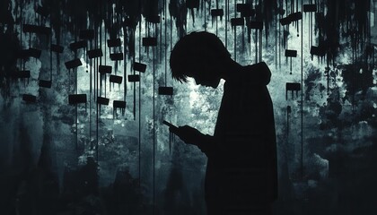 A teenager s silhouette surrounded by text messages dripping like poison, symbolizing emotional harm