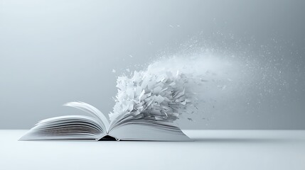 Exploding book pages, white background, knowledge concept, website banner