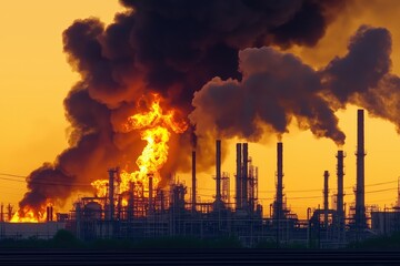 Dramatic Industrial Fire at Sunset with Fiery Flames and Thick Smoke