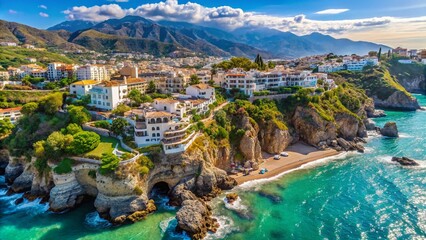 Stunning Aerial View of Nerja, Spain: Coastal Cliffs, Beaches & Turquoise Waters