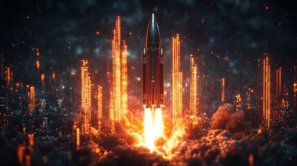 Obraz premium Rocket Launch Symbolizing Business Growth with Digital Effects. Generative AI