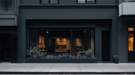 Mockup storefront, shop facade and window. Template for storefront window, classic boutique design. Empty window, retail front, store facade, traditional storefront style. Realistic style photo