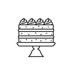 Homemade cake line icon. Holliday sponge pie with whipped cream. Doodle illustration of a bakery on cake stand. Linear illustration. Editable strokes