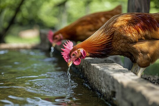 Chickens enjoy refreshing water from an automated watering system in a vibrant garden setting