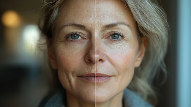 A transformation portrait: on the left, a detailed image of a woman with visible signs of aging--wrinkles and dull skin--capturing her natural state; on the right, a rejuvenated version of her, with r