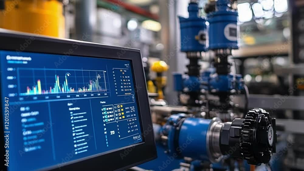 Poster complex machinery parameters are displayed on a digital screen, providing real time insights into th