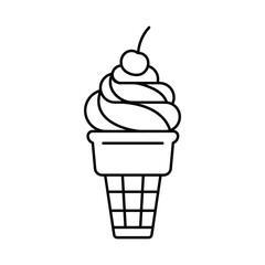 Soft ice cream in crispy cones. Creamy soft sweet treat with cherry on top. Line icon, doodle style, editable stroke. Refreshing dessert in minimalist style. Modern icon, editable stroke.