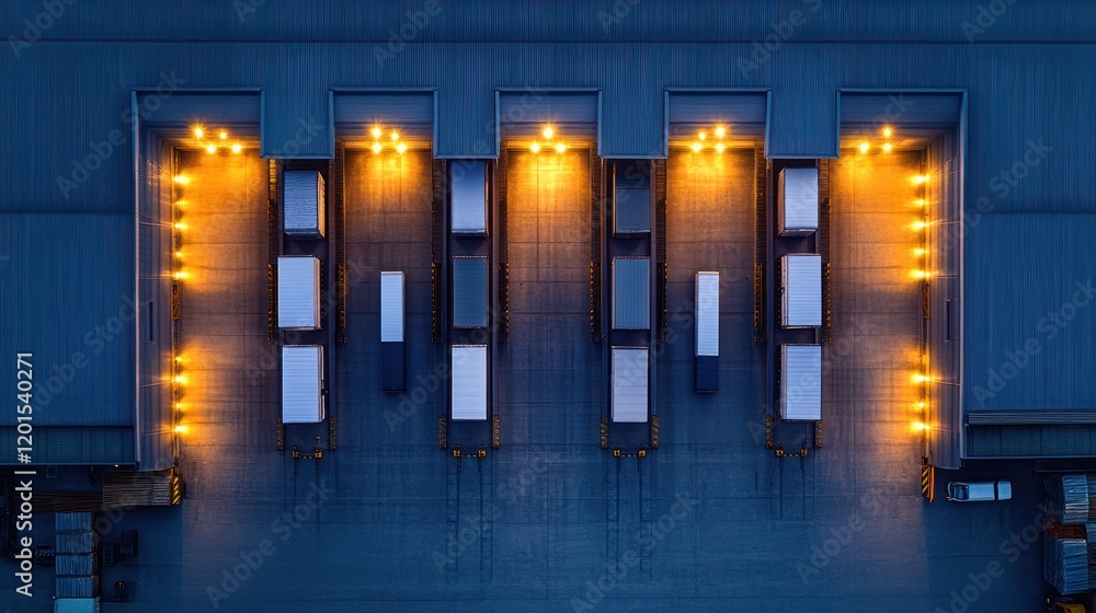Poster aerial view of illuminated loading docks at night with delivery trucks.