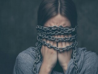 Sad individual with chains made of hateful words wrapping around their body, representing emotional abuse