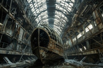 Obraz premium Decaying rusty shipwreck located inside abandoned industrial building with metal scaffolding
