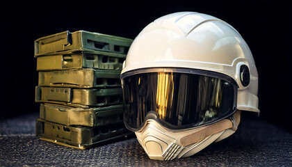 Stylish white helmet with face shield rests beside a stack of olive green military-style crates.  Perfect for concepts of protection, security, or futuristic themes.