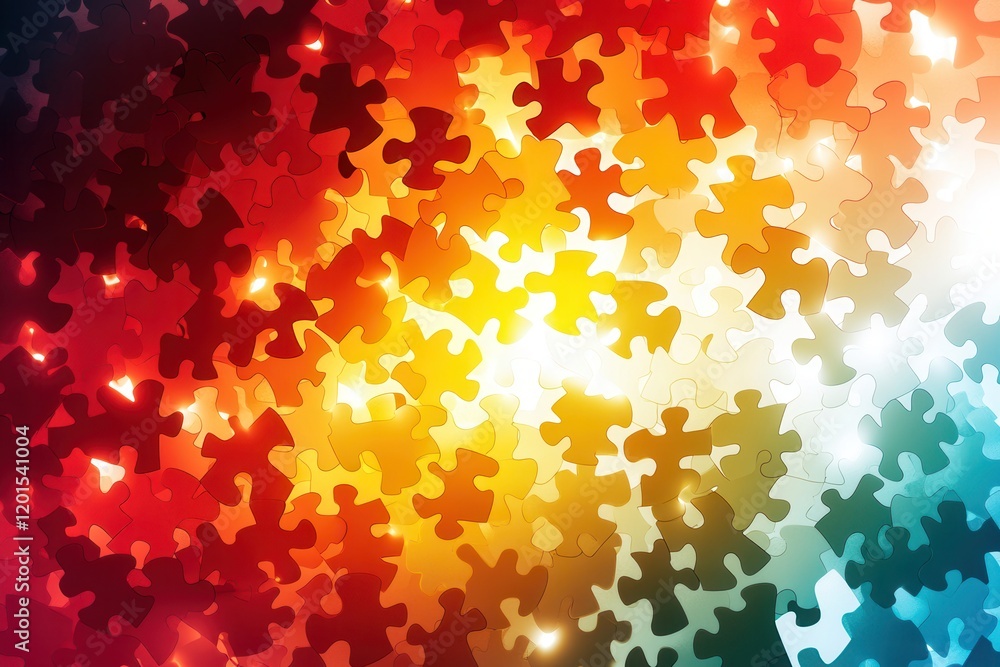 Poster colorful puzzle pieces in a dynamic interlocking pattern with bright lights and gradients, ideal for