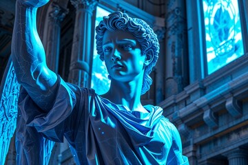 Obraz premium Futuristic Digital Art Classical Sculpture with Neon Blue Highlights and SciFi Elements 