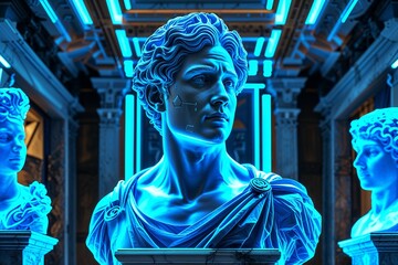Obraz premium Futuristic Digital Art Classical Sculpture with Neon Blue Highlights and SciFi Elements 