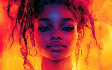 Portrait of a young woman with dreadlocks, illuminated by warm and vibrant colors.