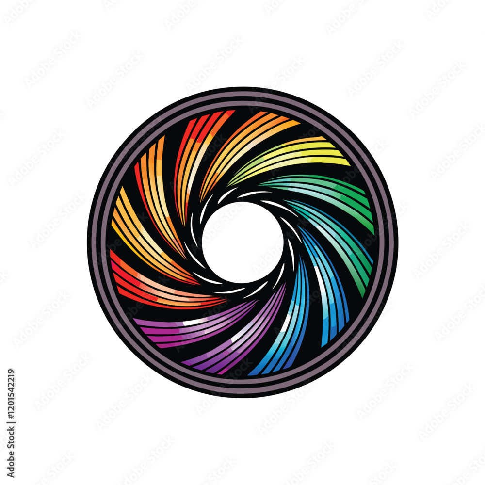 Poster a vibrant, abstract camera aperture with a kaleidoscope of rainbow colors flowing through the openin