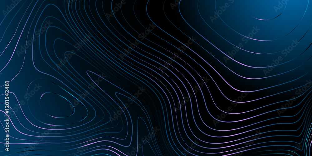 Poster dark background with glowing lines forming a topographic map pattern for web design, covers, present