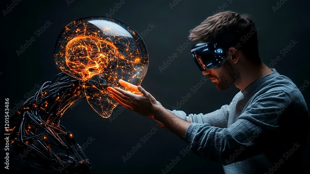 Poster man interacts with ai brain in vr, futuristic tech background