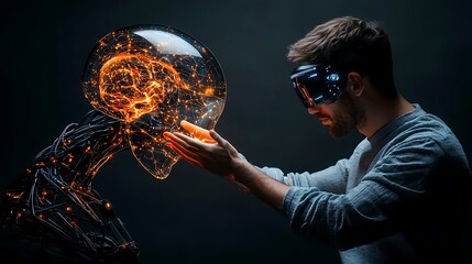 Man interacts with AI brain in VR, futuristic tech background