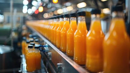 Fototapeta premium Orange juice bottles on a conveyor belt in a beverage factory, industrial installation, production and automation concept.