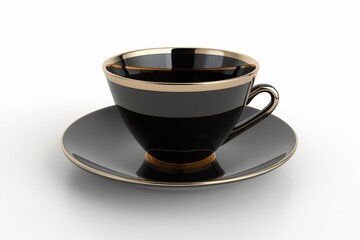 A sleek black cup with a gold rim, resting on a matching saucer, ideal for serving beverages.