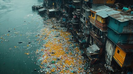 Aerial view of polluted riverbank slums.