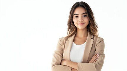 Beautiful young asian businesswoman in a casual outfits trend, semi formal, isolated on a white background, with her arms crossed and smiling at the camera