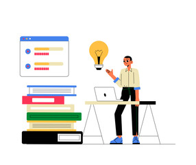 Male Professional Presenting A Bright Idea With Books And Laptop In Flat Vector Illustration Symbolizing Innovation, Knowledge, And Education, Isolated On White Background