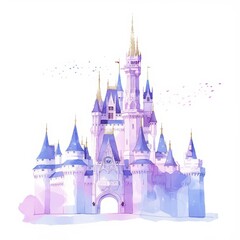 Obraz premium Magical Watercolor Painting of a Fairytale Castle Dreamlike Palace Illustration Purple and Blue Hues