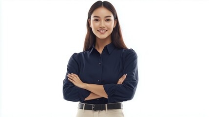 Beautiful young chinesse businesswoman in a navy blue long shirt, black belt, and cream pants, casual outfits trend, semi formal, isolated on a white background, with her arms crossed and smiling