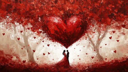 Heartfelt Embrace: A romantic couple stands embraced beneath a giant, blossoming heart-shaped tree, surrounded by falling hearts in a painting evoking love, passion, and romance. 