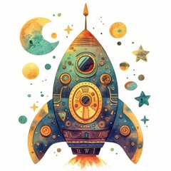 Naklejka premium Whimsical Watercolor Rocket Ship Launching into Space Stars Moon Planets