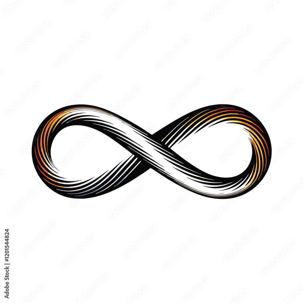 Poster a stylized infinity symbol rendered in a dynamic, abstract style, with a metallic gradient that shif