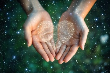 Enchanting Double Exposure of Hands Creating a Heart Shape with Sparkling Light Against a Dreamy Background of Stars and Nature, Symbolizing Love and Connection