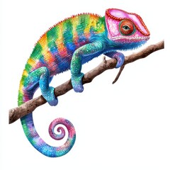Obraz premium Vibrant Rainbow Chameleon on Branch Exotic Reptile Vivid Colors Detailed Illustration