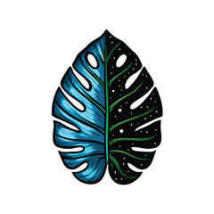 A surreal, abstract leaf design bisected vertically, with one half representing a vibrant daytime scene and the other half representing a stark, minimalist nighttime scene.