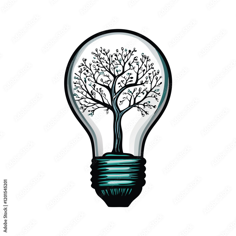 Aufkleber an abstract lightbulb with a stylized tree growing inside, representing the interconnectedness of na