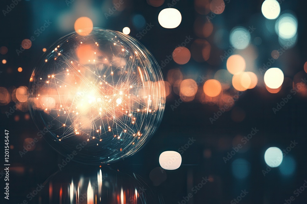 Poster ethereal double exposure of a glowing globe with interconnected lines and dazzling bokeh lights capt