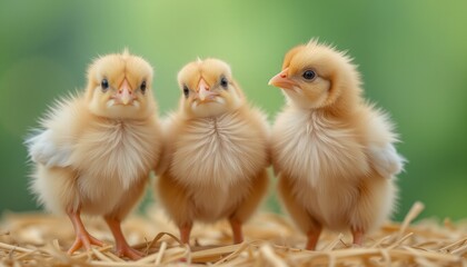 Four fluffy chicks standing on straw with green background.