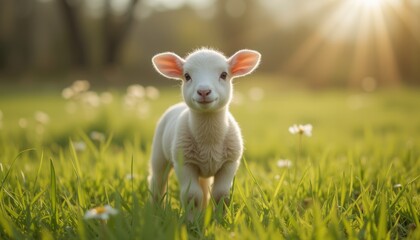 Fototapeta premium Lamb standing on green grass with yellow wildflowers in spring.