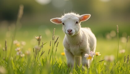 Obraz premium Lamb standing on green grass with yellow wildflowers in spring.