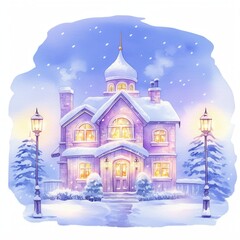 Fototapeta premium Enchanting Winter House Snow Covered Cottage Illuminated Windows Festive Night Scene