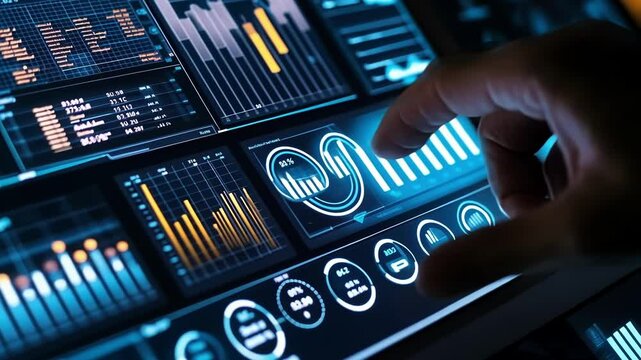 Closeup of a technicians hand manipulating a digital touchscreen displaying a dashboard filled with graphs and charts that summarize data extracted from multiple production lines for
