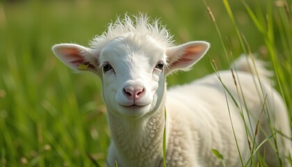 Lamb standing on green grass with yellow wildflowers in spring.