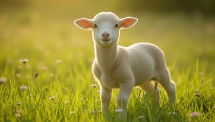 Lamb standing on green grass with yellow wildflowers in spring.