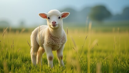 Obraz premium Lamb standing on green grass with yellow wildflowers in spring.
