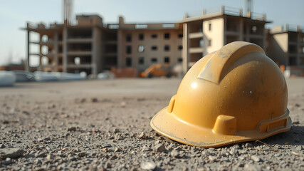 In the foreground, a close-up of an abandoned construction helmet lying on the ground, covered in dust. In the background, the scene shows a deserted construction site. Generative AI