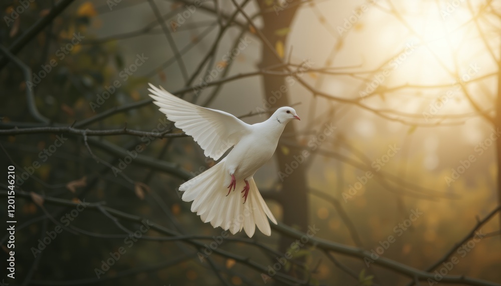 Poster white dove soaring in forest with sunlight filtering through trees.